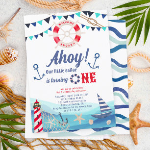 Ahoy sailor nautical boat blue red 1st birthday invitation
