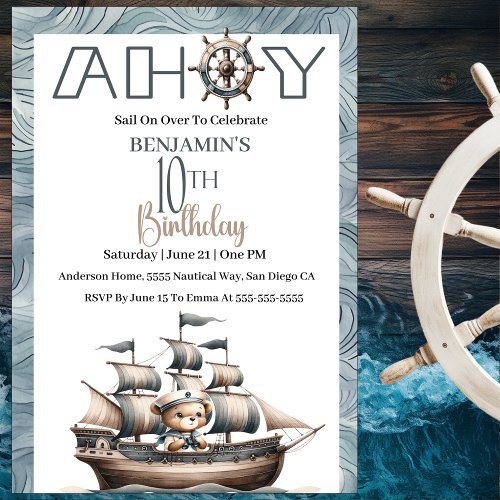 Ahoy Sailor Nautical Boys 10th Birthday Invitation