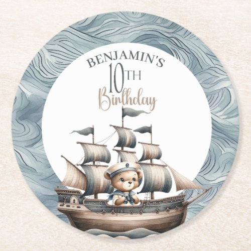 Ahoy Sailor Nautical Boys 10th Birthday Round Paper Coaster