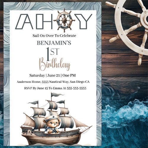 Ahoy Sailor Nautical Boys 1st Birthday Invitation