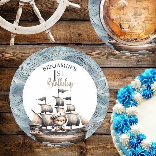 Ahoy Sailor Nautical Boys 1st Birthday Round Paper Coaster