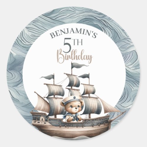 Ahoy Sailor Nautical Boys 5th Birthday Classic Round Sticker
