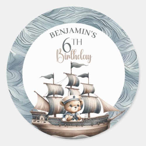 Ahoy Sailor Nautical Boys 6th Birthday Classic Round Sticker