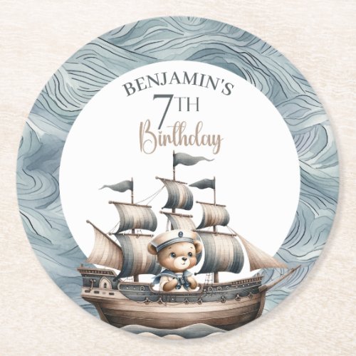 Ahoy Sailor Nautical Boys 7th Birthday Round Paper Coaster