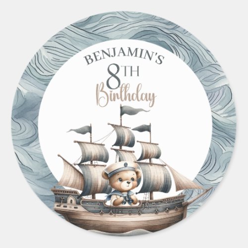 Ahoy Sailor Nautical Boys 8th Birthday Classic Round Sticker