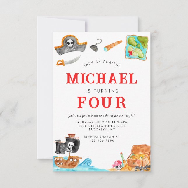 Ahoy Shipmates Treasure Hunt Ship Pirate Birthday Note Card (Front)