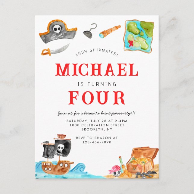 Ahoy Shipmates Treasure Hunt Ship Pirate Birthday Postcard (Front)