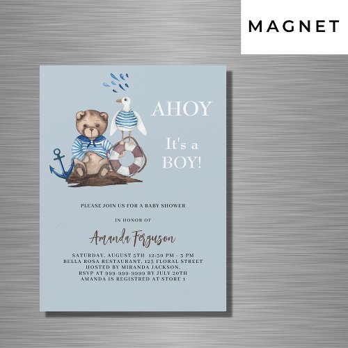 Ahoy teddy bear boy sailor luxury Baby Shower Magnetic Invitation