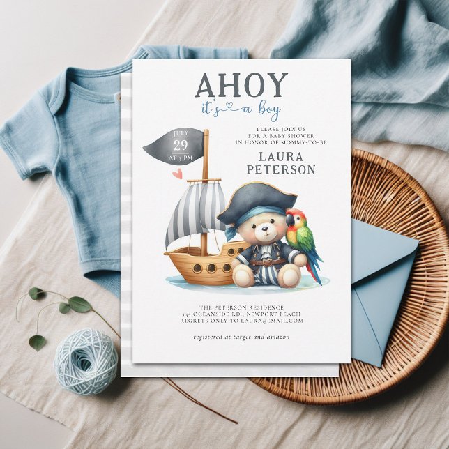 Ahoy Teddy Bear Pirate Sailor Boy Baby Shower Invitation (ahoy boy baby shower invitation teddy bear pirate sailor boat captain cute watercolor character)