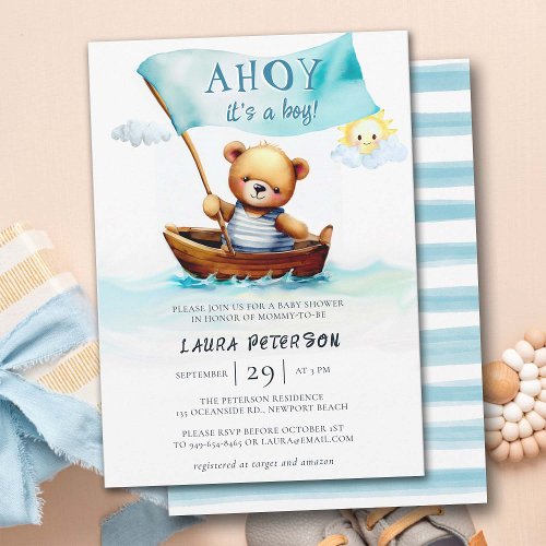 Ahoy Teddy Bear Waves Boat Cute Boy Baby Shower Invitation