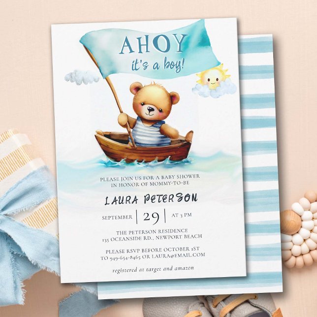 Ahoy Teddy Bear Waves Boat Cute Boy Baby Shower Invitation (ahoy its a boy cute teddybear in boat ocean waves baby boy shower invitation watercolor elegant fun)