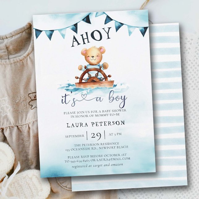 Ahoy Teddy Bear Waves Boat Helm Boy Baby Shower Invitation (ahoy its a boy baby shower invitation teddy bear captain sailor boat helm nautical beach coastal)