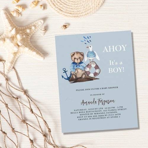 Ahoy teddy sailor budget Baby Shower invitation