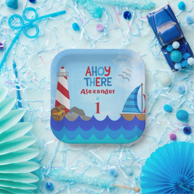 "Ahoy There" Quote Lighthouse Sailboat Treasure Paper Plates (Party)