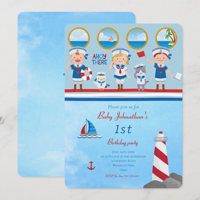 Ahoy There Red Blue White Sailors Lighthouse Boat Invitation (Front/Back)