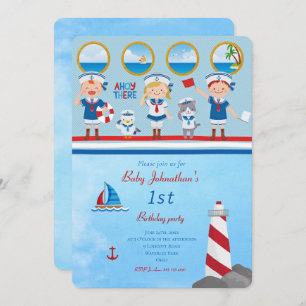 Ahoy There Red Blue White Sailors Lighthouse Boat Invitation