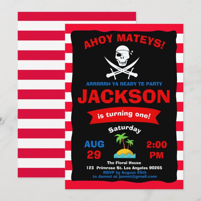 Ahoy Treasure Map Pirate Ocean Voyage Boy Birthday Invitation (Front/Back)