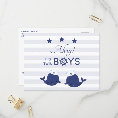 Ahoy Twin Boys Blue Whales Baby Shower Invitation Postcard