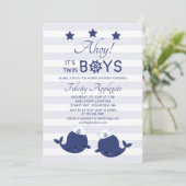 A'hoy Twin Boys Blue Whales Boys Baby Shower Invitation (Standing Front)