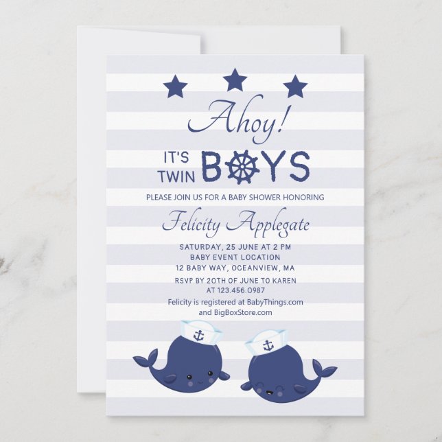 A'hoy Twin Boys Blue Whales Boys Baby Shower Invitation (Front)