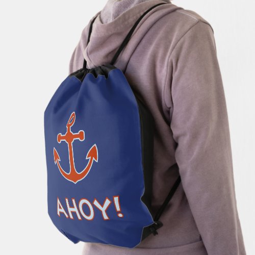 AHOY Type and Anchor Design Red and Blue Drawstring Bag