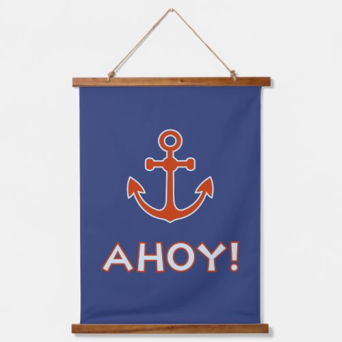 AHOY Type and Anchor Design Red and Blue Hanging Tapestry