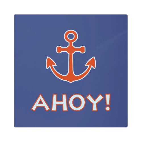 AHOY Type and Anchor Design Red and Blue Metal Print