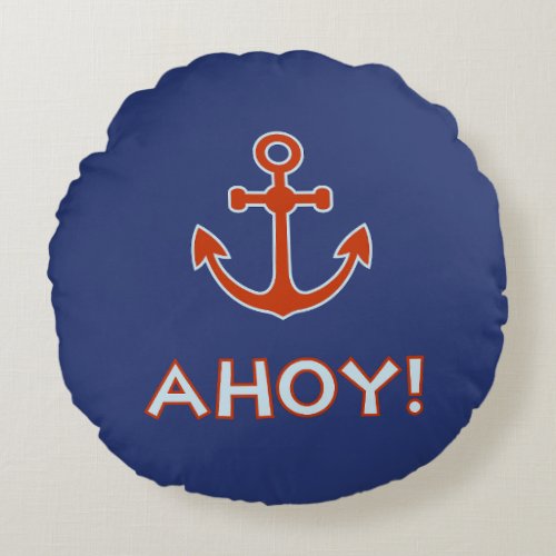 AHOY Type and Anchor Design Red and Blue Round Pillow
