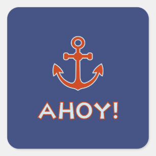 AHOY! Type and Anchor Design Red and Blue Square Sticker