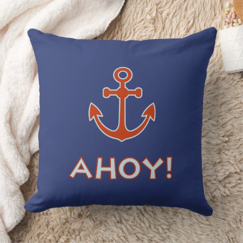 AHOY Type and Anchor Design Red and Blue Throw Pillow