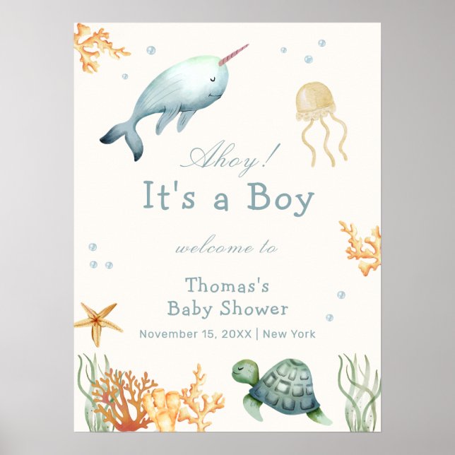 Ahoy Under The Sea Whale Boy Baby Shower Welcome  Poster (Front)
