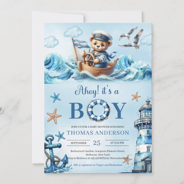 Ahoy watercolor blue and brown teddy bear sailor invitation (Front)