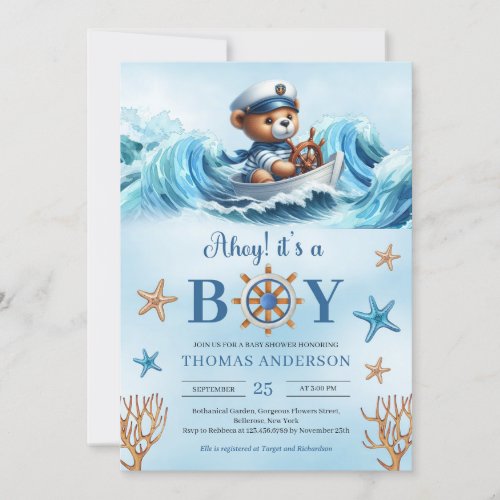 Ahoy watercolor blue and brown teddy bear sailor invitation