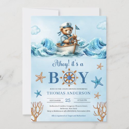 Ahoy watercolor blue and brown teddy bear sailor invitation
