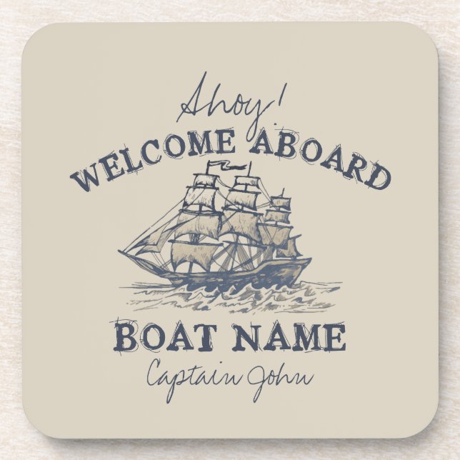 Ahoy! Welcome aboard Personalized Vintage Nautical Beverage Coaster (Front)