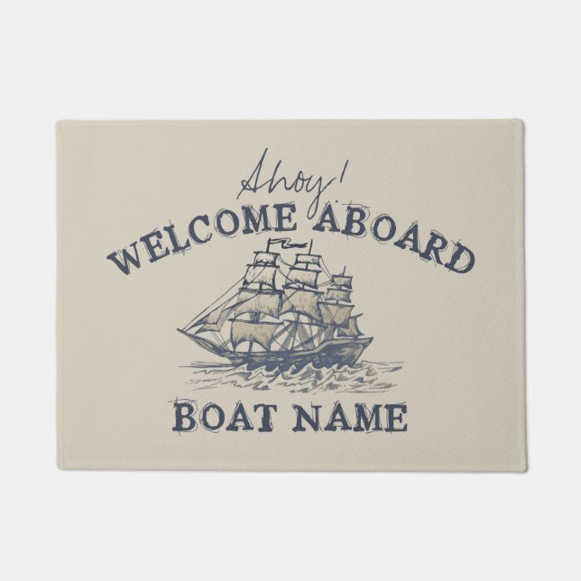 Ahoy! Welcome aboard Personalized Vintage Nautical Doormat (Front)