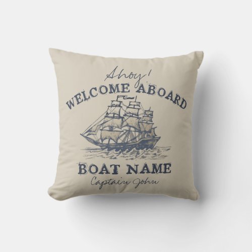 Ahoy Welcome aboard Personalized Vintage Nautical Throw Pillow