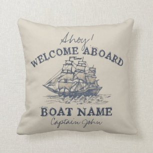 Ahoy! Welcome aboard Personalized Vintage Nautical Throw Pillow