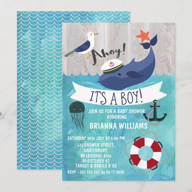 Ahoy Whale Baby Shower Invitation (Front/Back)