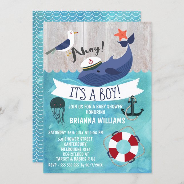Ahoy Whale Baby Shower Invitation (Front/Back)