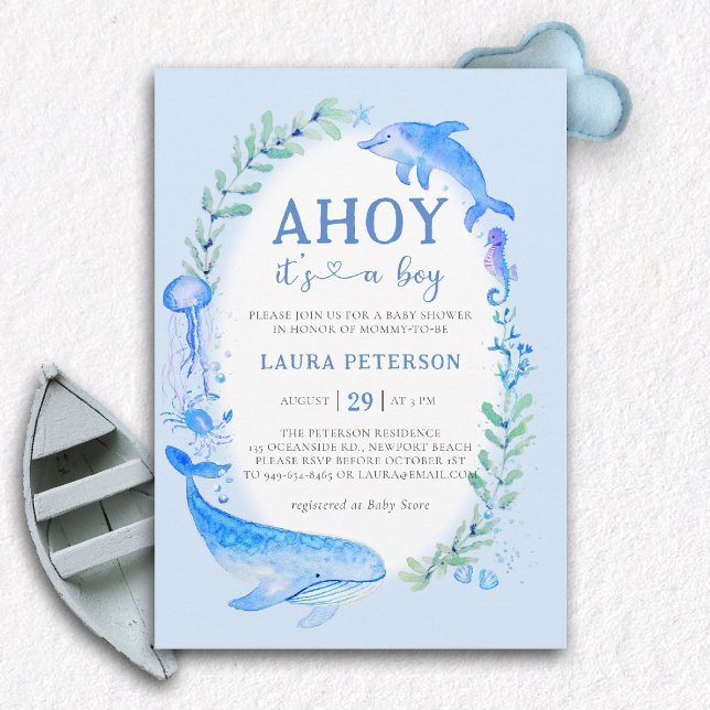 Ahoy Whale Dolphin Sea Nautical Boy Baby Shower Invitation (ocean baby boy shower invitation ahoy under the sea whale dolphin blue watercolor modern nautical)