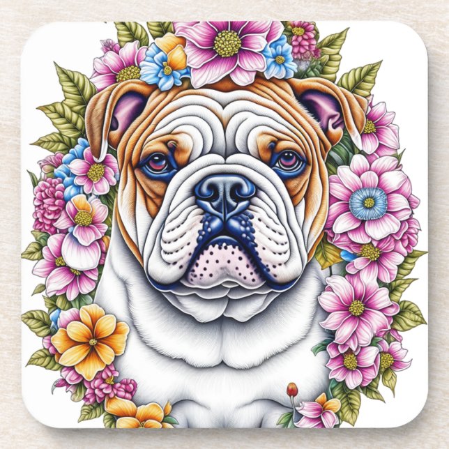 Ai Art Bulldog Surrounded by Whimsical Flowers Beverage Coaster (Front)