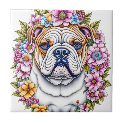 Ai Art Bulldog Surrounded by Whimsical Flowers Ceramic Tile