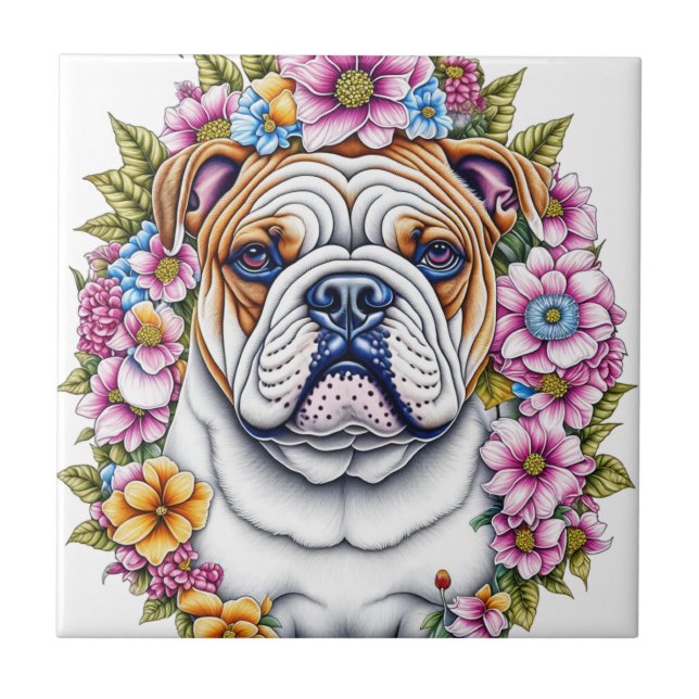 Ai Art Bulldog Surrounded by Whimsical Flowers Ceramic Tile (Front)