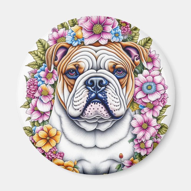 Ai Art Bulldog Surrounded by Whimsical Flowers Magnet (Front)