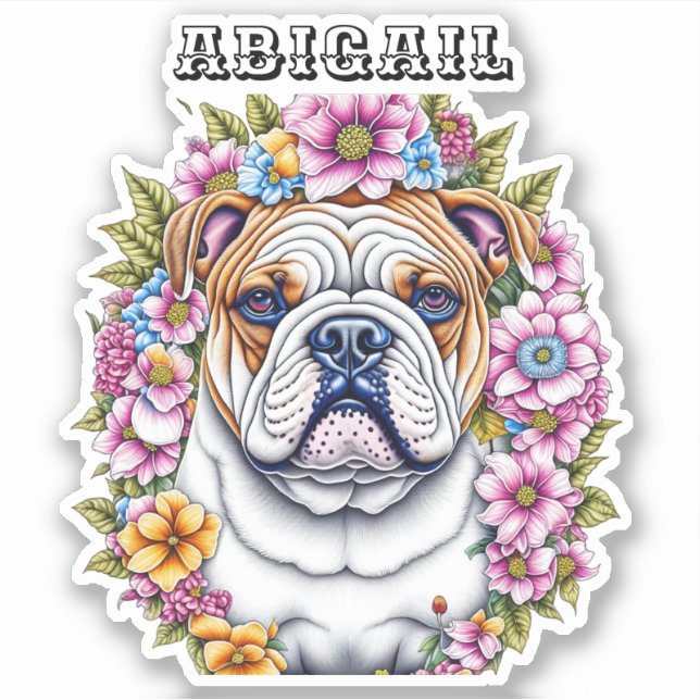 Ai Art Bulldog Surrounded by Whimsical Flowers Sticker (Front)