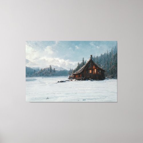 Ai Art Gallery _ Log Cabin on a Cold Winters Day Canvas Print