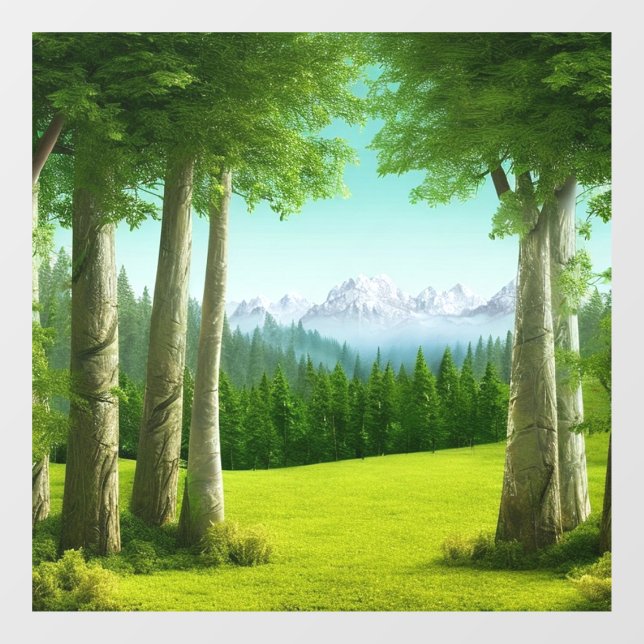 AI Art Green Forest Mountain Landscape  Window Cling (Sheet)