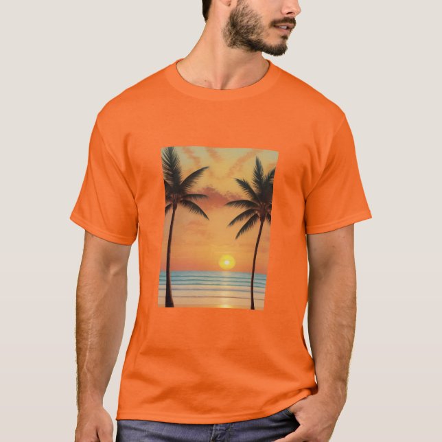 AI Art Morning Sunrise Beach Palm Trees T-Shirt (Front)