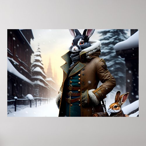 AI Art Rabbit Explorer With Its Son in a Snow City Poster